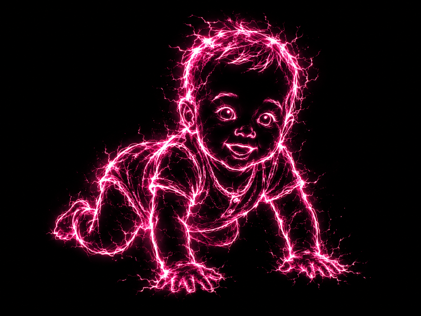 Laser Baby — a crawling baby drawn in pink lightning